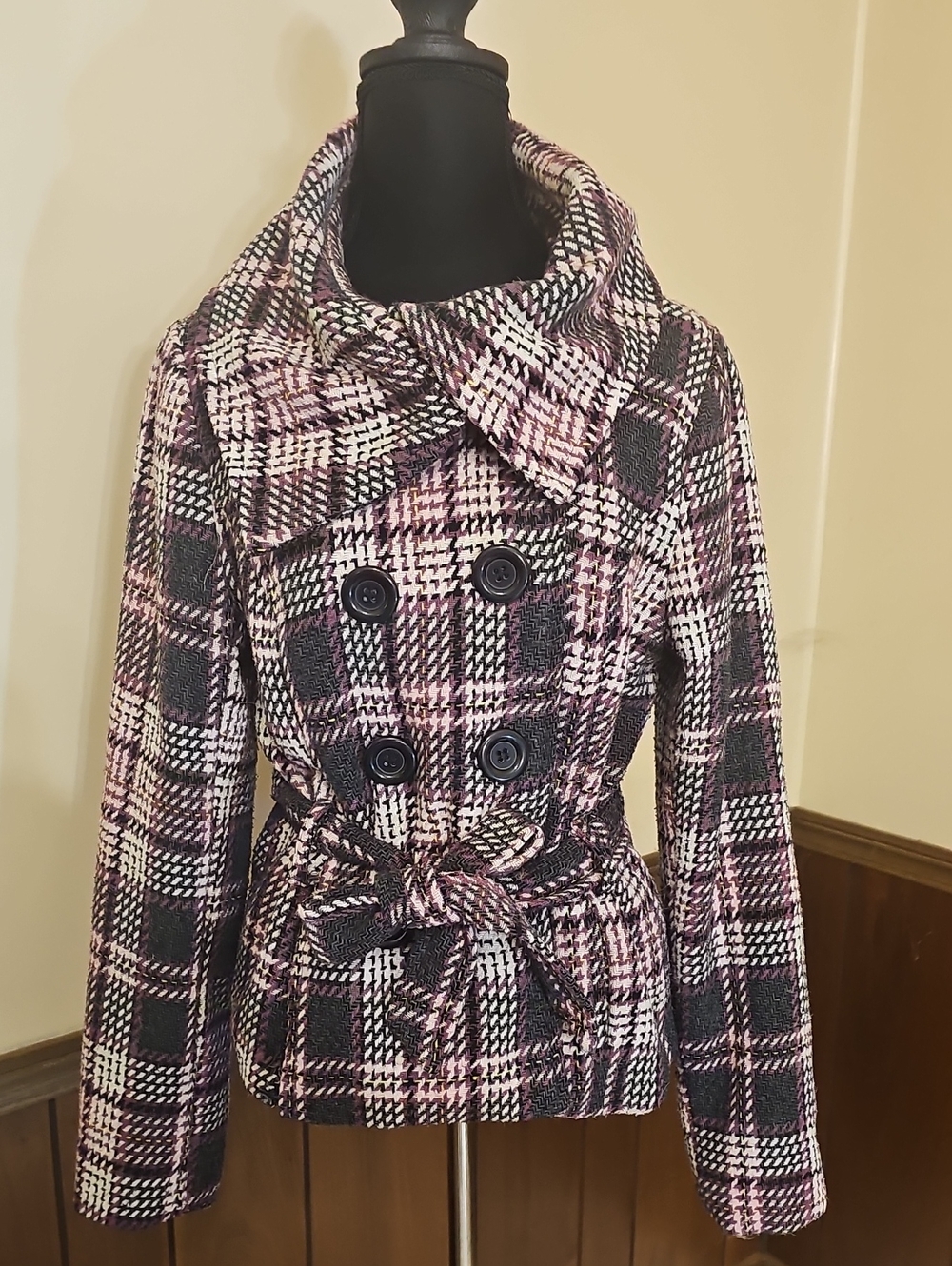 D.S.C. Plaid Wool Blend Belted Pea Coat Jacket Size Large